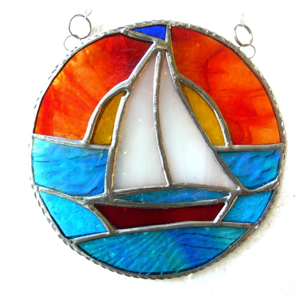 Sailboat Sunset Stained Glass Suncatcher Handmade Ring 021
