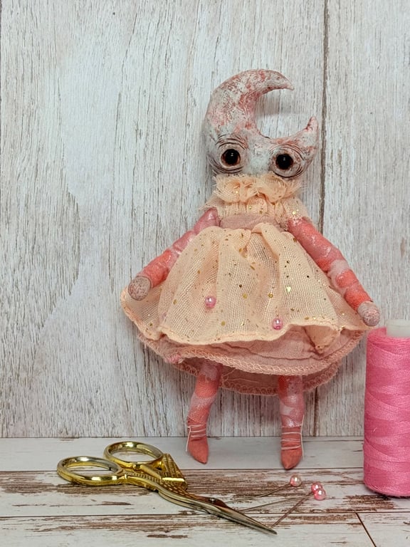 Pink Moon Mixed Media Art Doll