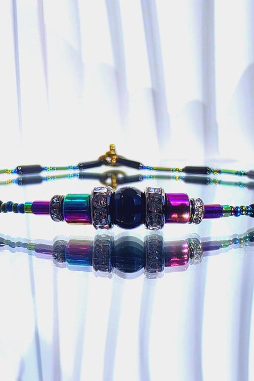 Hematite Onyx Beaded Necklace Steampunk Colourful Jewellery (Handmade UK)