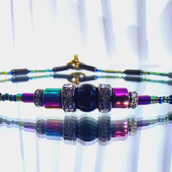 Hematite Onyx Beaded Necklace Steampunk Colourful Jewellery (Handmade UK)