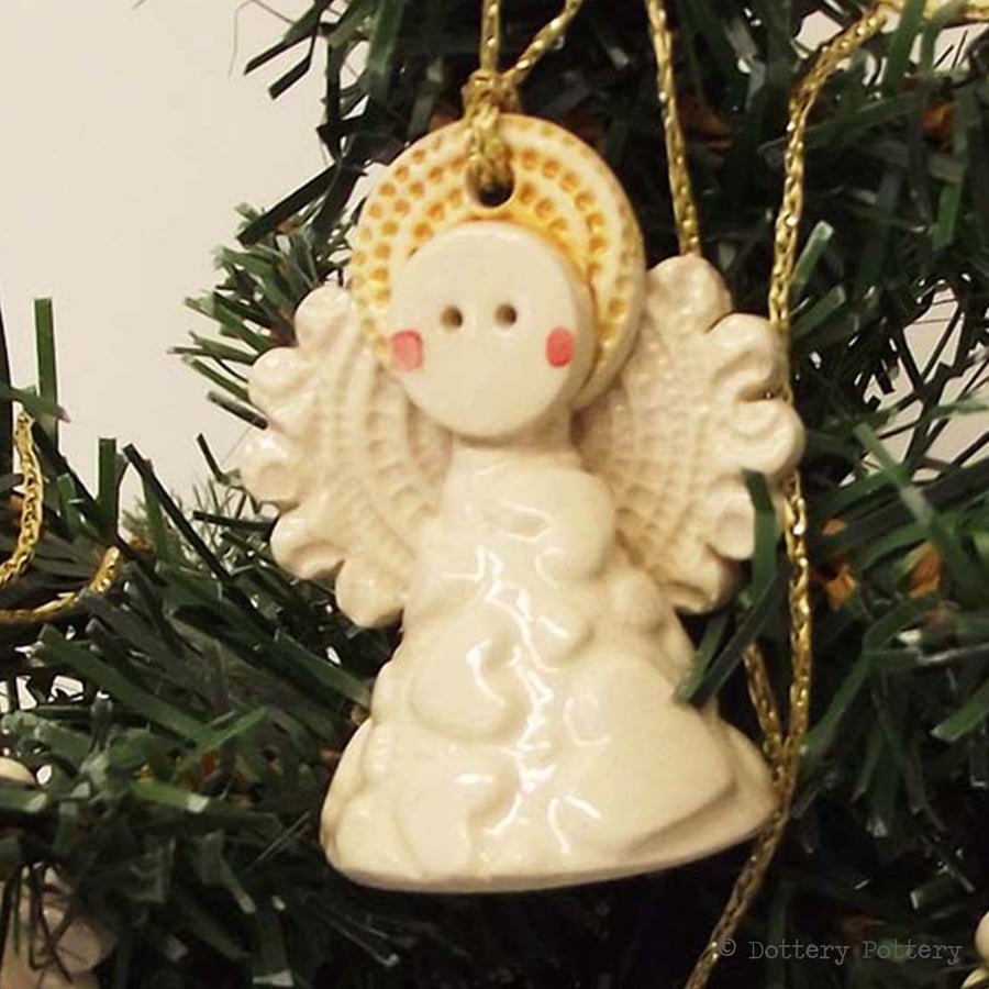 Teeny little ceramic angel Christmas decoration cream hearts pottery angel
