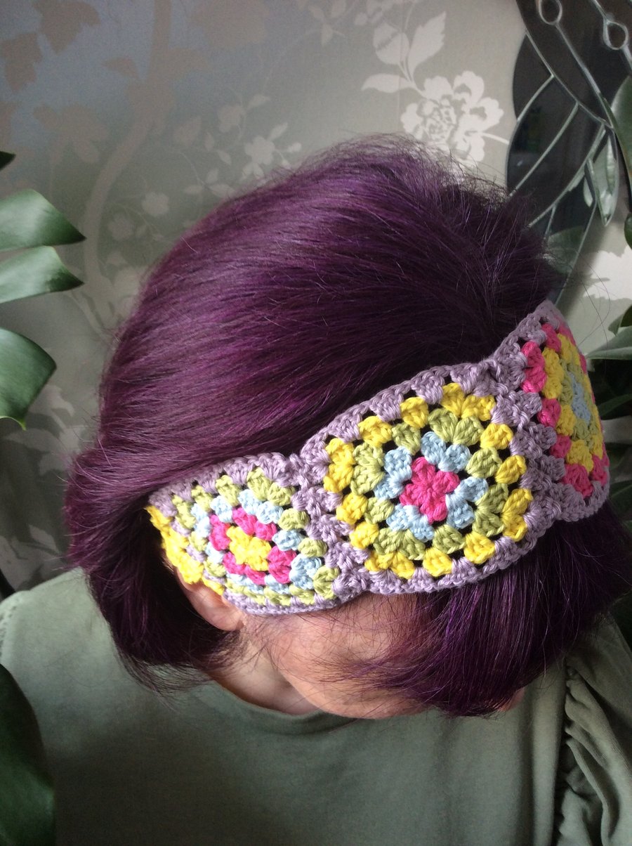 Crochet headband , granny square, cotton yarn.