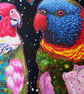 Whimsical Parrots Painting Acrylic & Collage Surreal Colourful Nature Artwork - Image 4