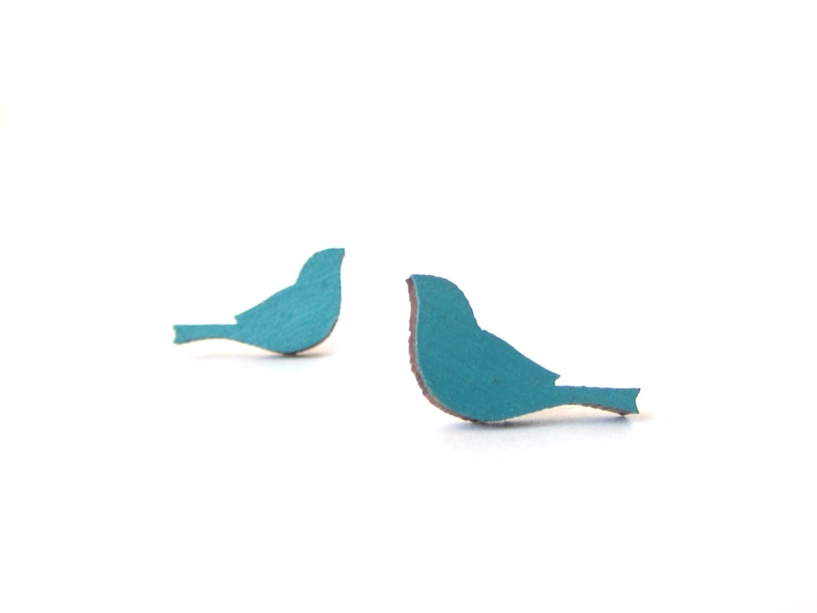 Tiny Teal Blue Green Painted Wooden Bird Stud Earrings