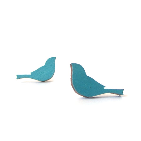 Tiny Teal Blue Green Painted Wooden Bird Stud Earrings