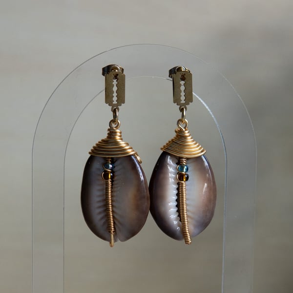 18K Gold Plated Peruvian Cowrie Shell Dangle Earrings, Custom Beading 