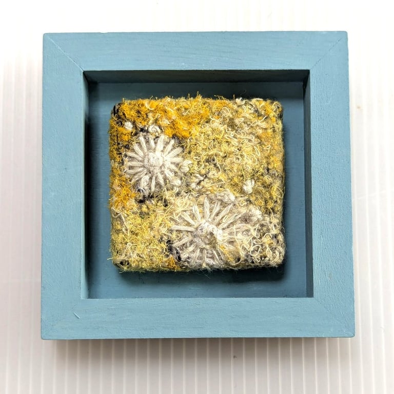 Yellow Coastal Textile Mini Art in Teal Painted wooden frame.