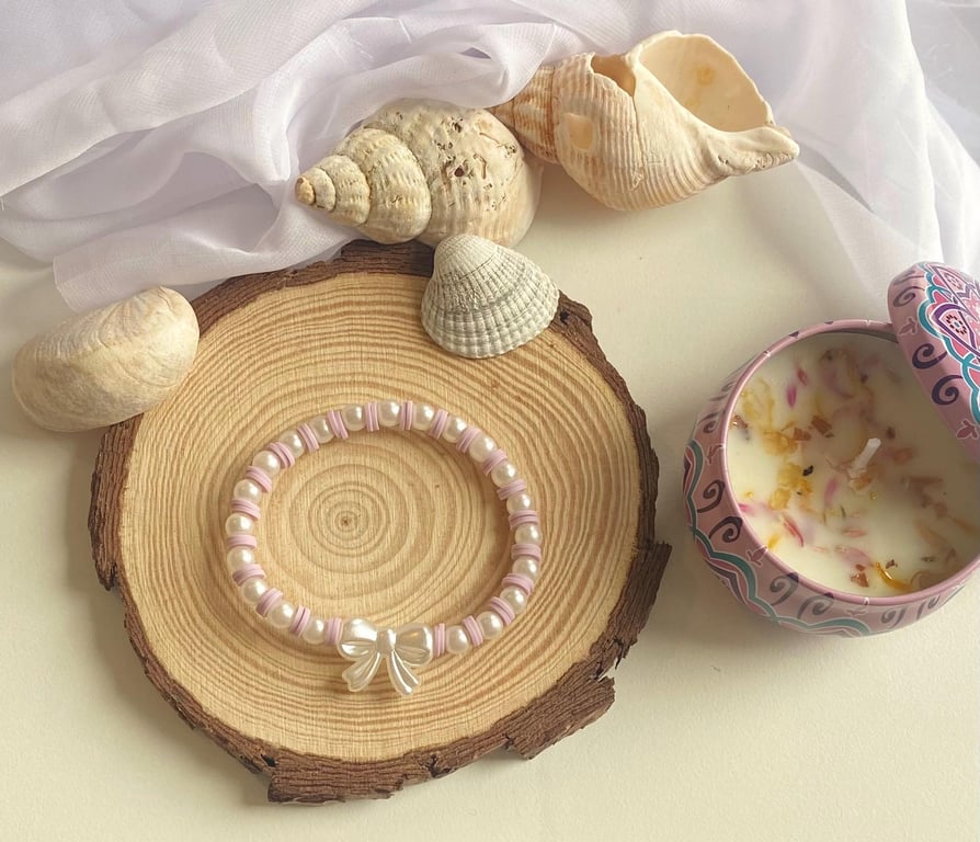 Lilac Clay Bead Bracelet with Bow Charm