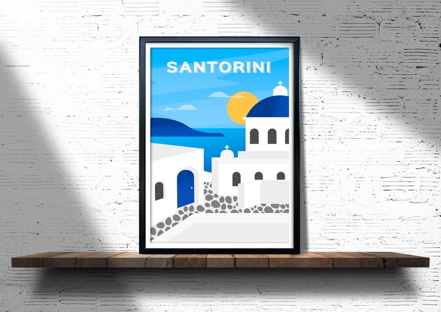 Santorini retro travel poster, Santorini wall print, Greece travel poster