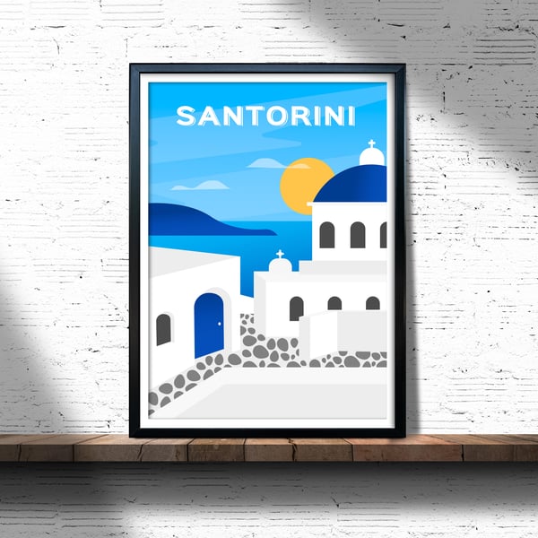 Santorini retro travel poster, Santorini wall print, Greece travel poster