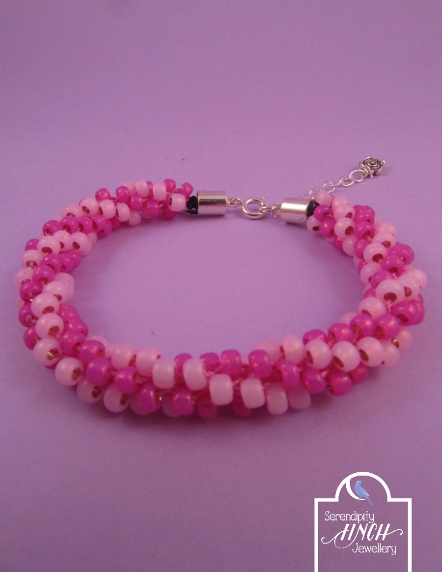 Pink Beaded Kumihimo Bracelet, Pink Bracelet, Pink Beaded Bracelet