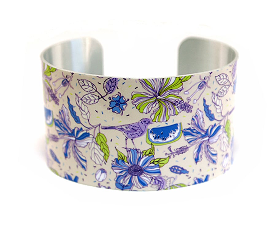 SALE. Cuff bracelet, wide jewellery bangle with purple flowers and birds. C147