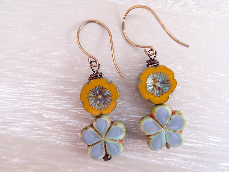 Clover Earrings,Floral Earrings, Flower Earrings, Mustard Earrings,Blue Earrings