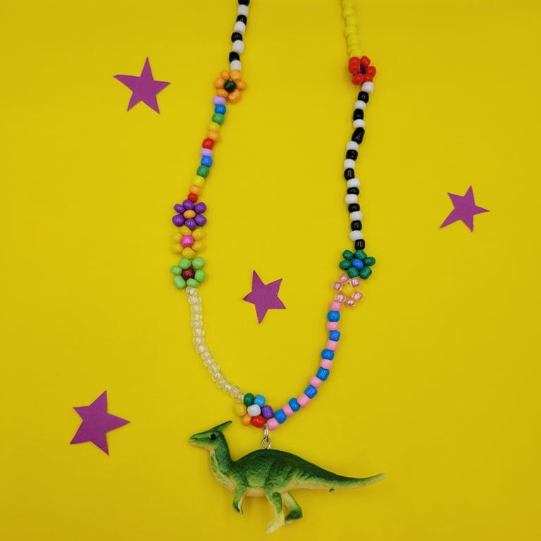 Chunky beaded necklace with up-cycled dinosaur charm Fun and Colourful 
