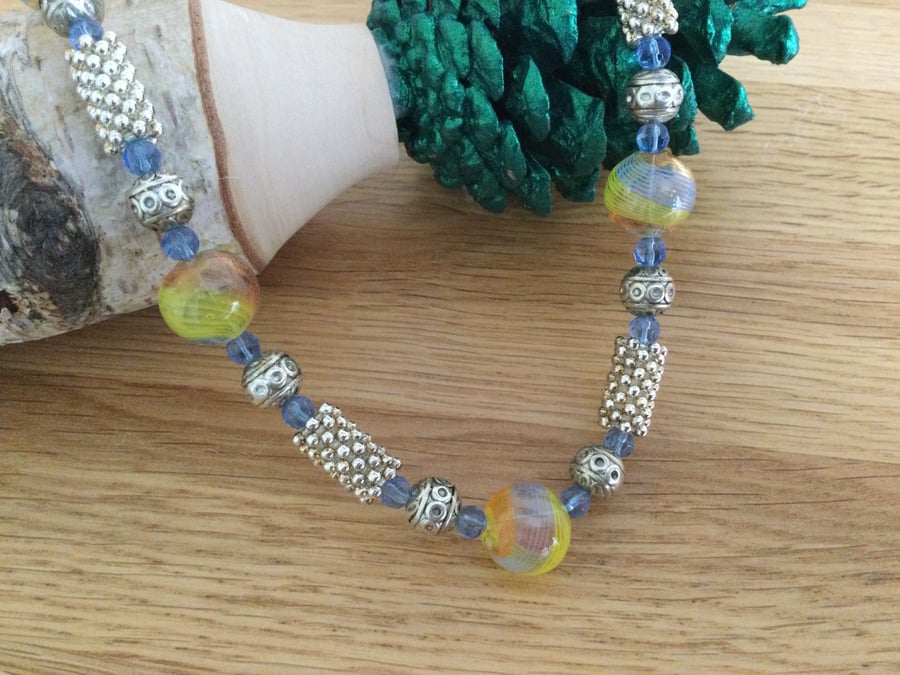 Blue and Yellow Blown Glass Bead Necklace