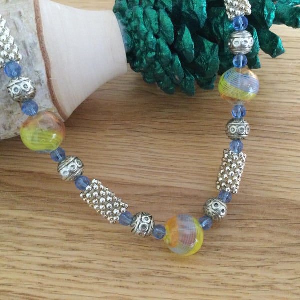 Blue and Yellow Blown Glass Bead Necklace