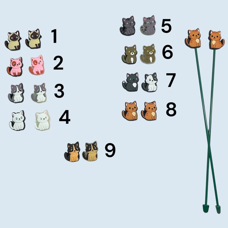 Stitch stoppers for knitting needles in cat breed shapes , silicone