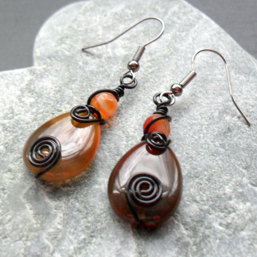  Agate Wire Wrapped Drop Earrings Gunmetal and Black Tone