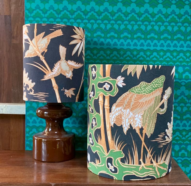 Black Oriental Crane BAMBOO GARDEN Sanderson Vintage Fabric  Lampshade 