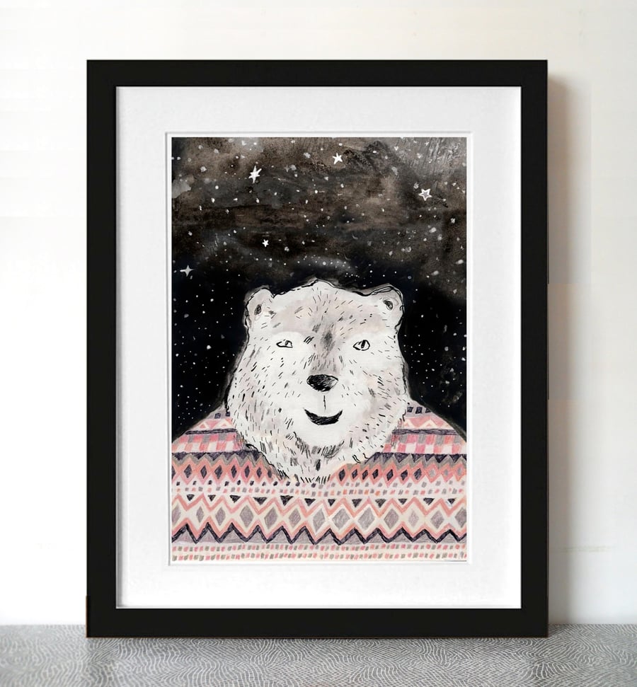 Big Discount! Polar bear art print, Polar bear in Fair Isle jumper A3 Print