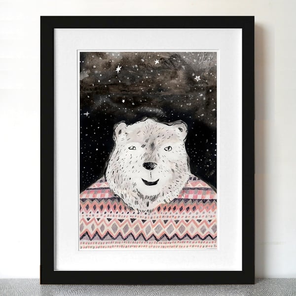 Big Discount! Polar bear art print, Polar bear in Fair Isle jumper A3 Print
