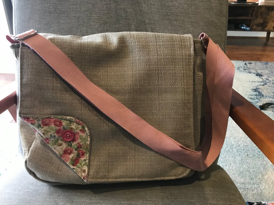 Courier Bag - The “Emily”  - Beige Fabric with Rose Lining