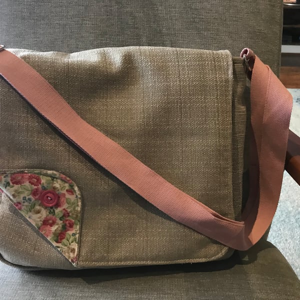 Courier Bag - The “Emily”  - Beige Fabric with Rose Lining