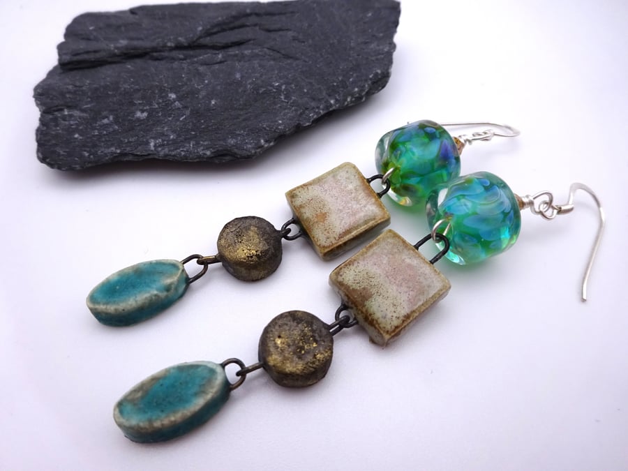 teal green lampwork glass earrings