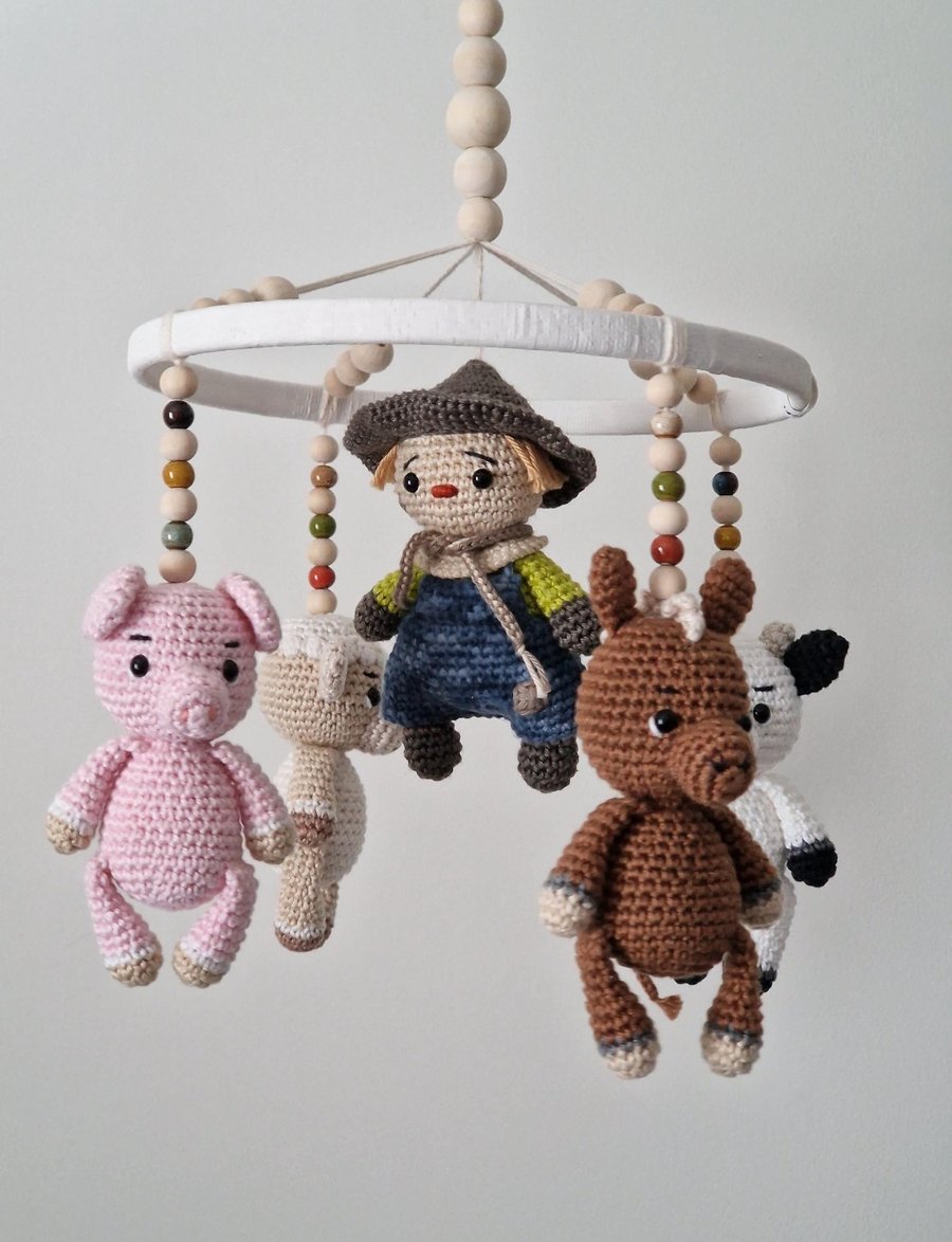 Baby Mobile Farm Animals - Crochet Nursery Decor - Handmade Keepsake