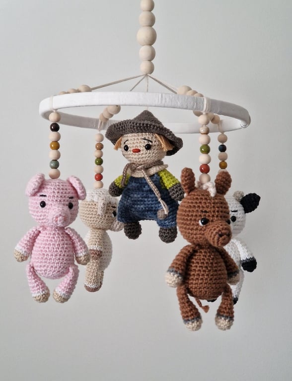 Baby Mobile Farm Animals - Crochet Nursery Decor - Handmade Keepsake