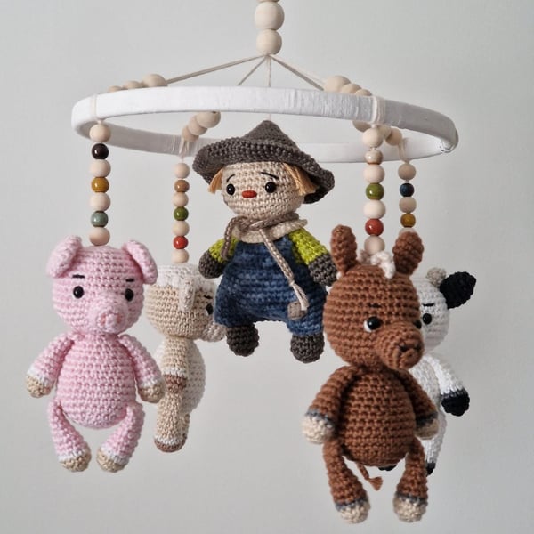 Baby Mobile Farm Animals - Crochet Nursery Decor - Handmade Keepsake
