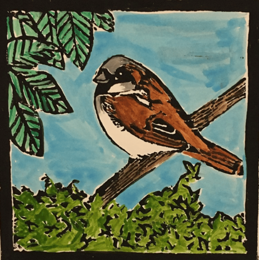 House Sparrow lino print, limited edition