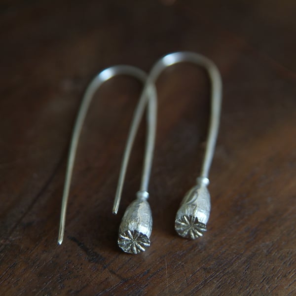 Long Drop Poppy Earrings, Silver Poppy Seed Head Earrings, Cast from Nature 