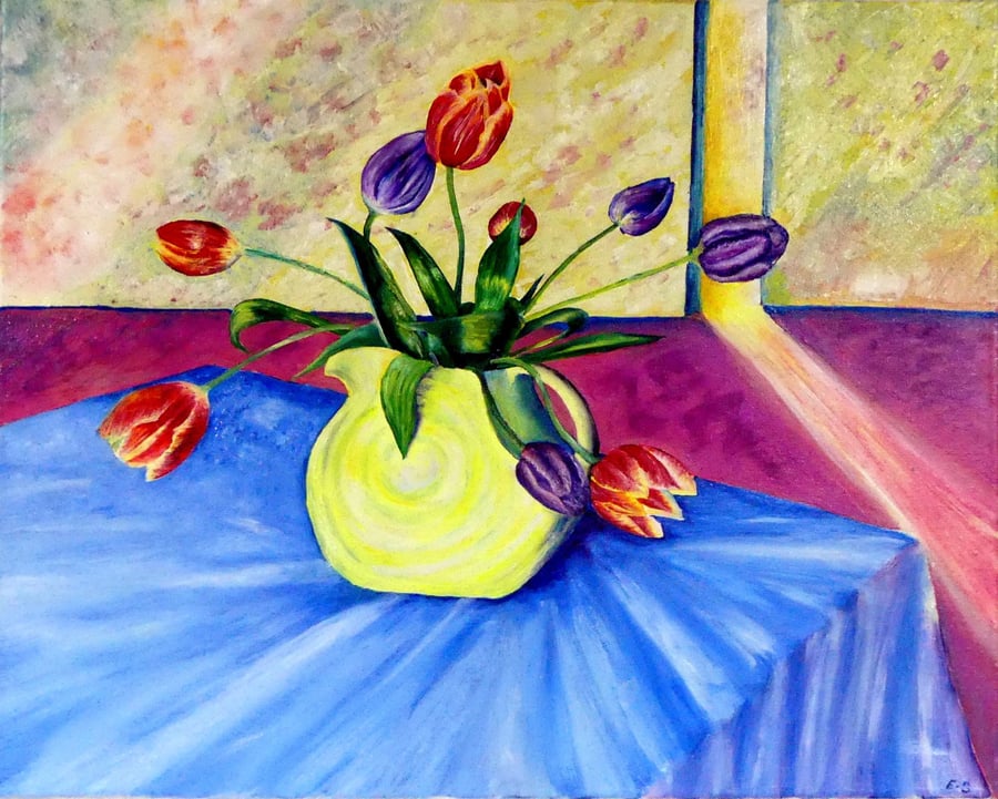 Tulip Flowers in Yellow Jug Still Life OIl Painting