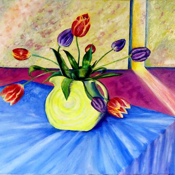 Tulip Flowers in Yellow Jug Still Life OIl Painting