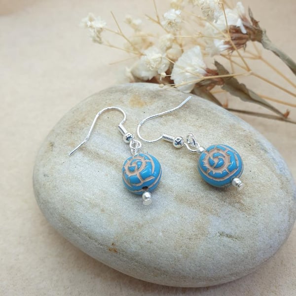 handmade silver plate earrings with turquoise style carved beads boho style 