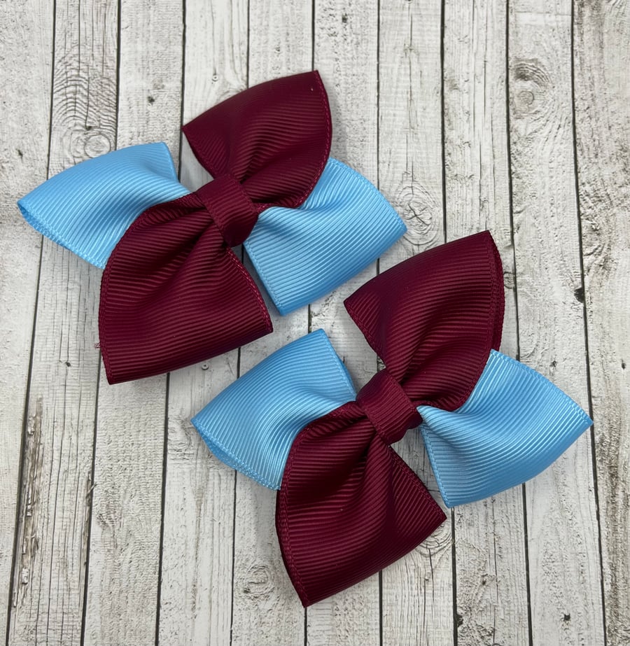 School Wine and Light Blue Square Double with Bows on Clips (pair)