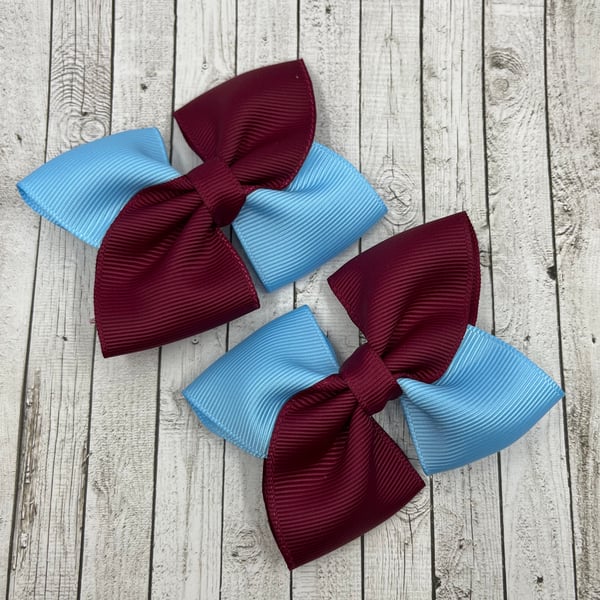 School Wine and Light Blue Square Double with Bows on Clips (pair)