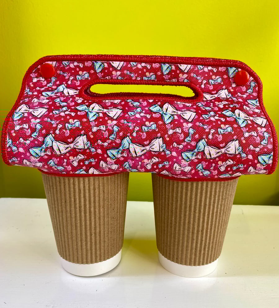 Coffee Cup Carrier - Pretty Bows Reusable Double Coffee Cup Carrier