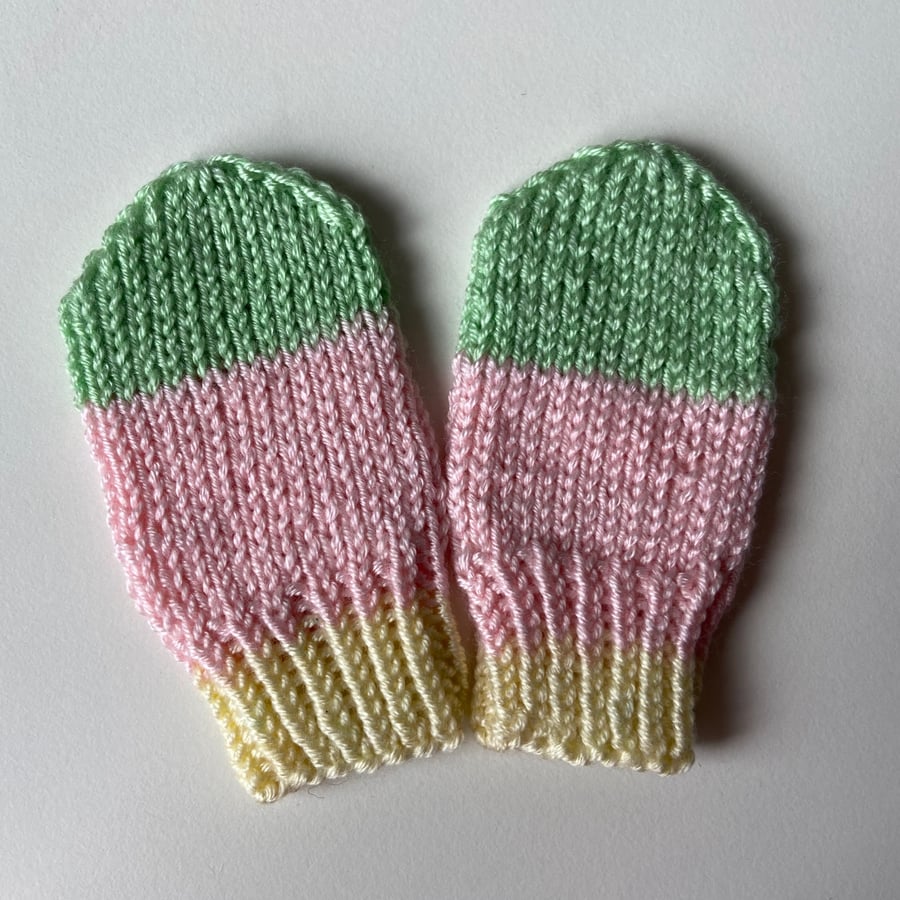 Hand Knitted mittens newborn Green Pink Yellow
