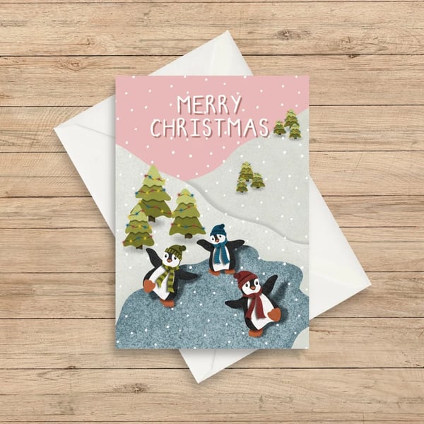 Pink Skating Penguins Cute A6 Sized Christmas Card 