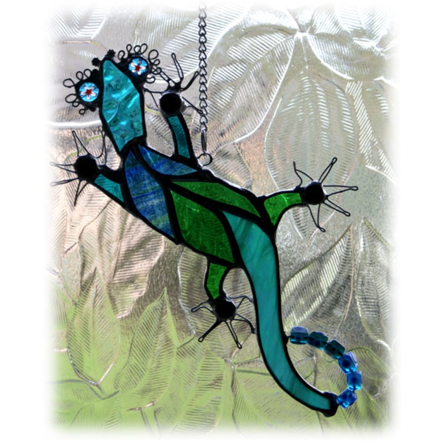 Lizard Stained Glass  Suncatcher Green Teal