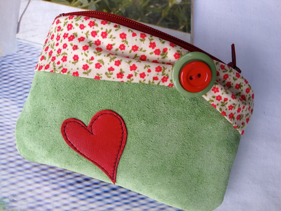 Green suede and cotton coin  purse - red leather heart.