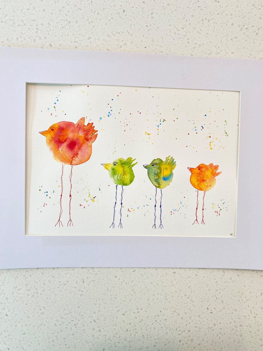 Mum and Three Chicks Leggy Birds watercolour. Size A4
