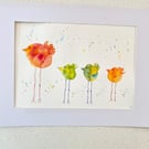Mum and Three Chicks Leggy Birds watercolour. Size A4