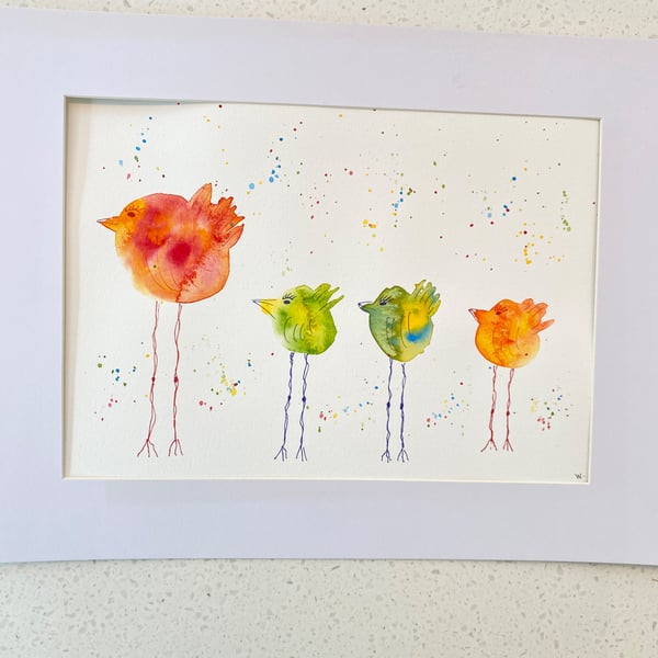 Mum and Three Chicks Leggy Birds watercolour. Size A4