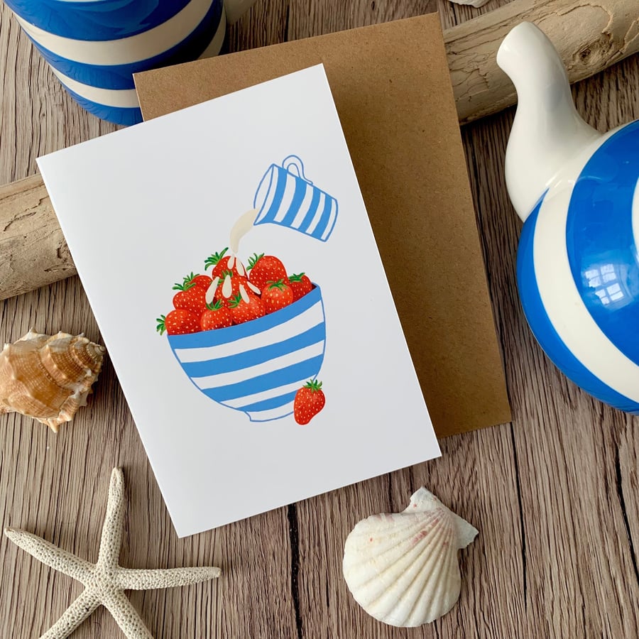 Strawberries and Cream in a Cornishware Bowl - Cornwall Greeting Card