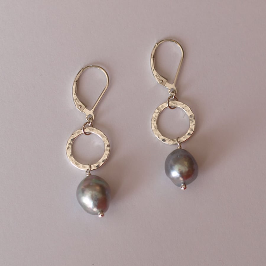 Sterling Sterling Hammered Circles and Silver Pearl Earrings