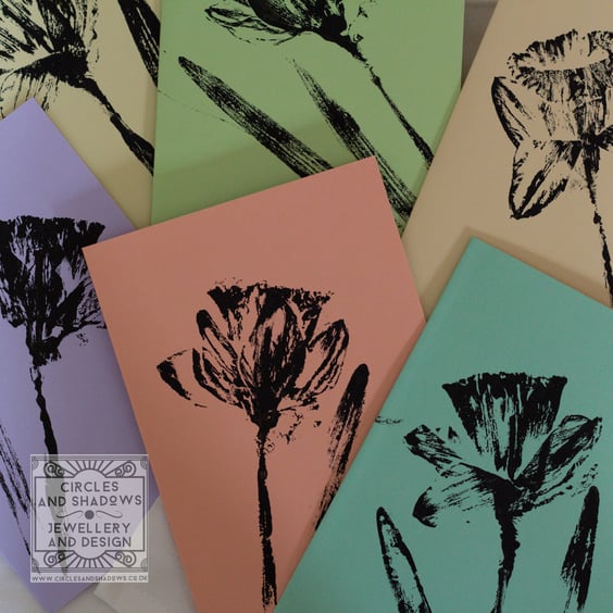 6 x Daffodil Hand Printed Cards Spring Colour Multi Pack Blank