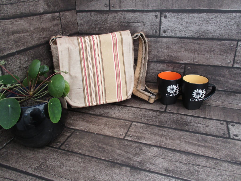 Upcycled Coffee Sack -  Crossbody Shoulder Bag - Beige Red and Green Stripe